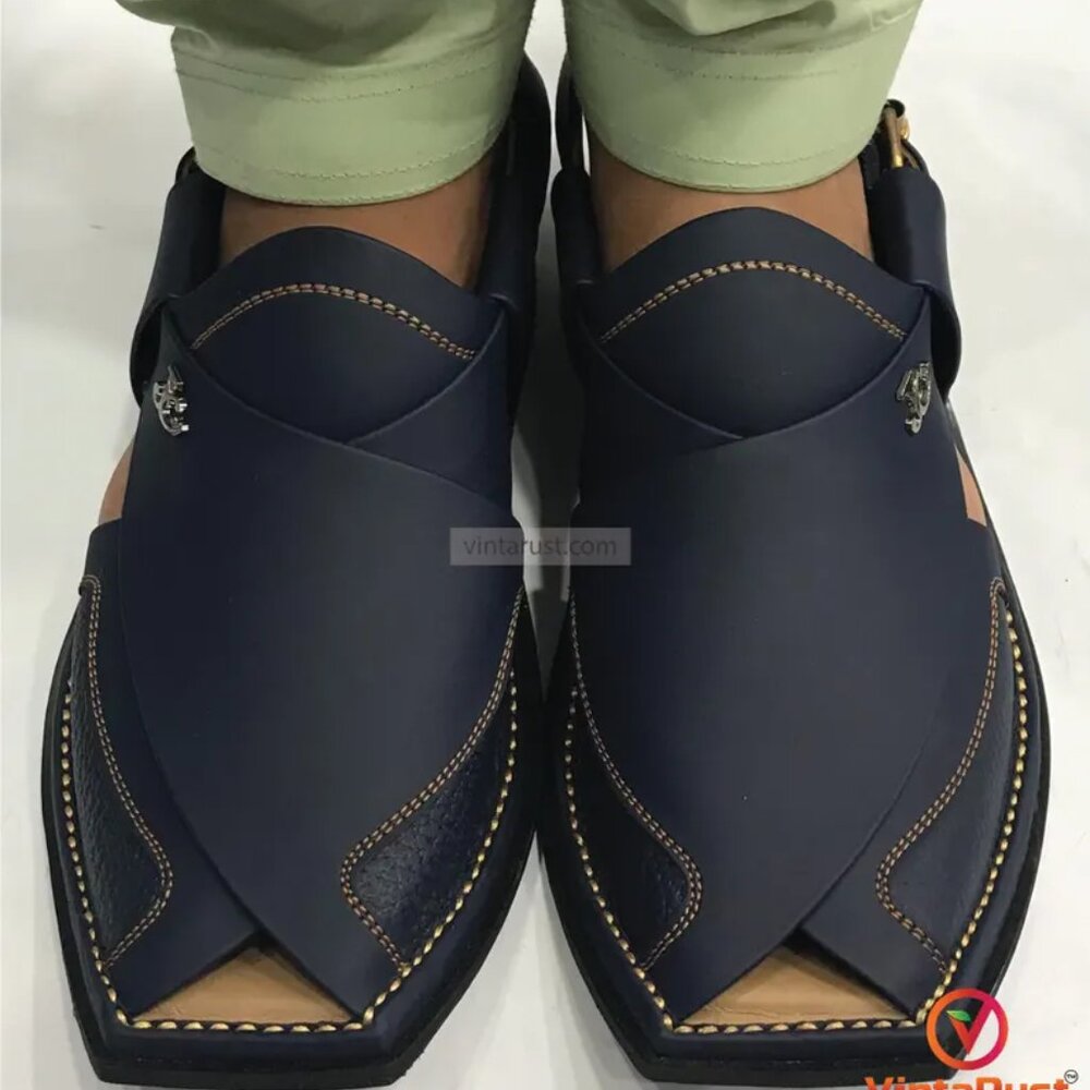 Handmade Leather Peshawari Chappal: Men's Semi Formal Blue Sandals